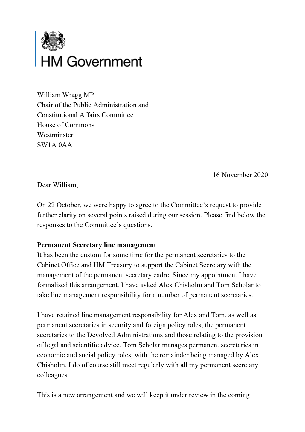 William Wragg MP Chair of the Public Administration and Constitutional Affairs Committee House of Commons Westminster SW1A 0AA