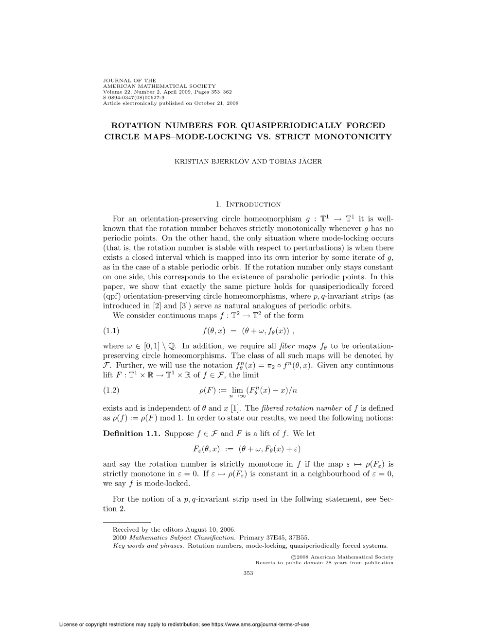 Rotation Numbers for Quasiperiodically Forced Circle Maps–Mode-Locking Vs