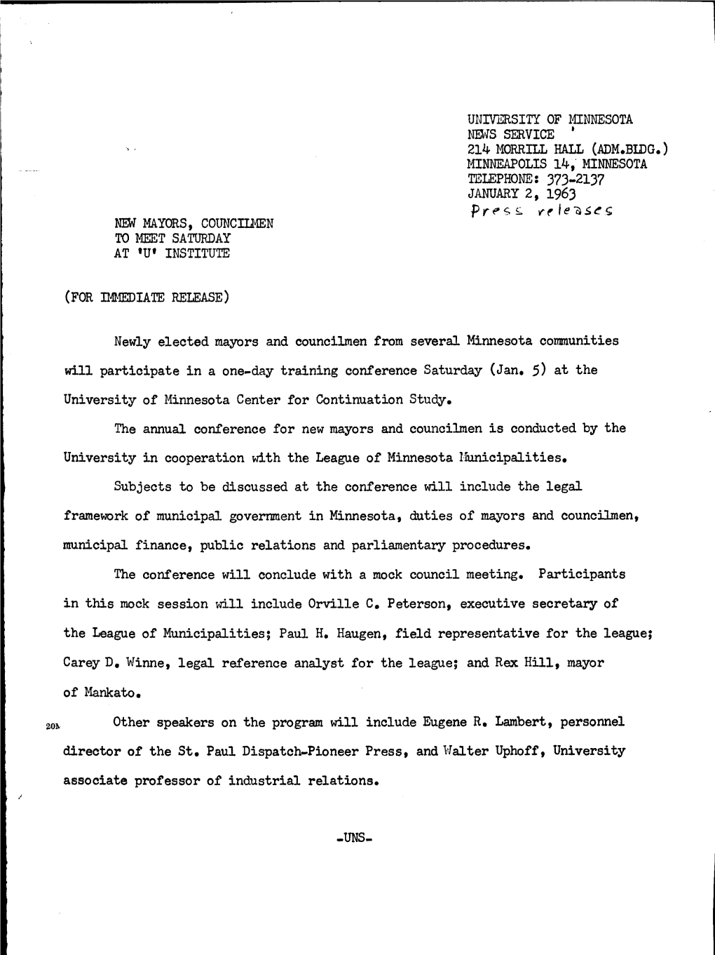 Minnesota Telephone: 373-2137 January 2, 1963 New Mayors