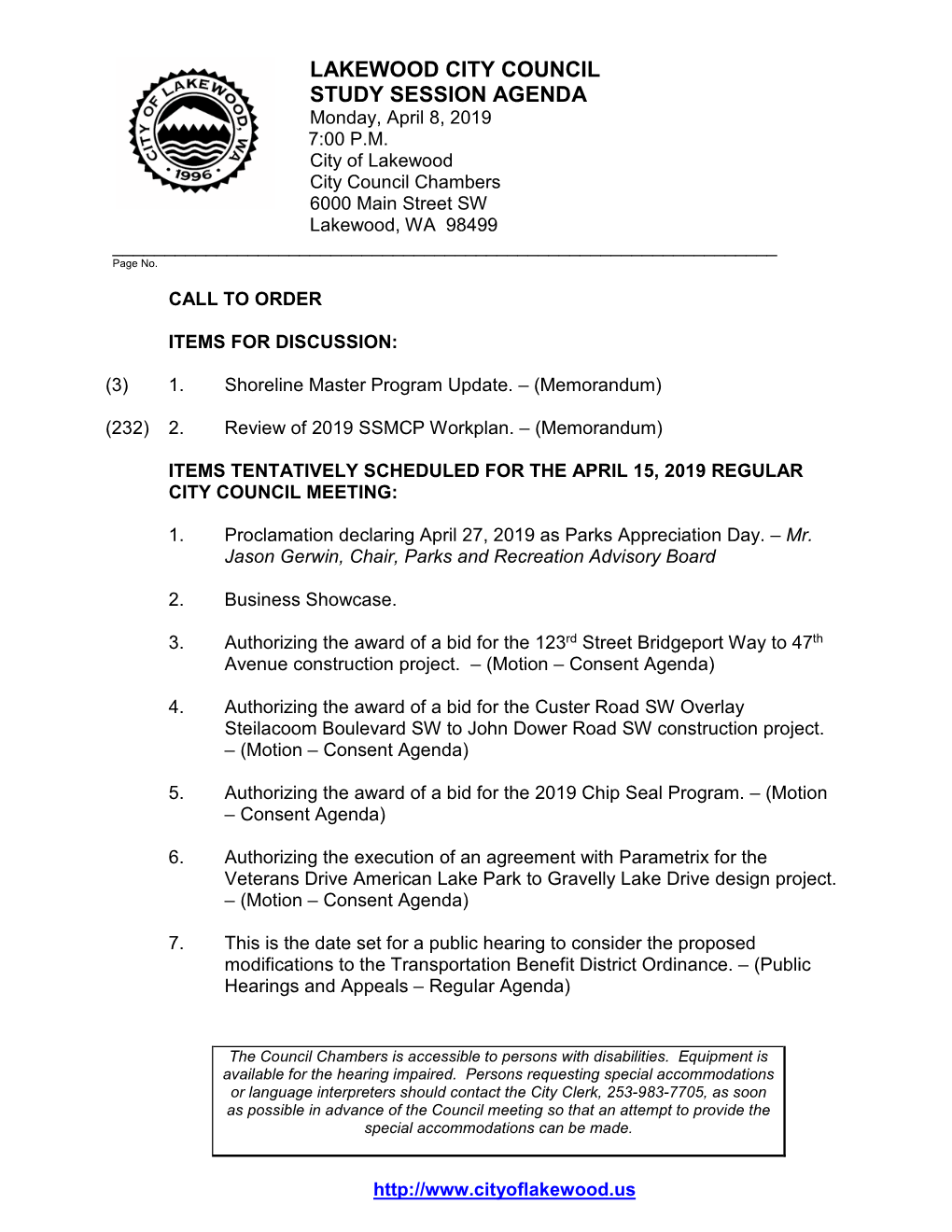 LAKEWOOD CITY COUNCIL STUDY SESSION AGENDA Monday, April 8, 2019 7:00 P.M