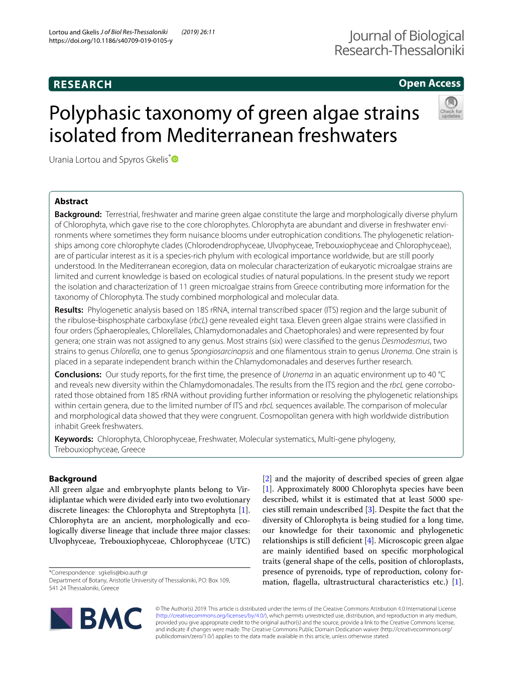 Polyphasic Taxonomy of Green Algae Strains Isolated from Mediterranean Freshwaters Urania Lortou and Spyros Gkelis*