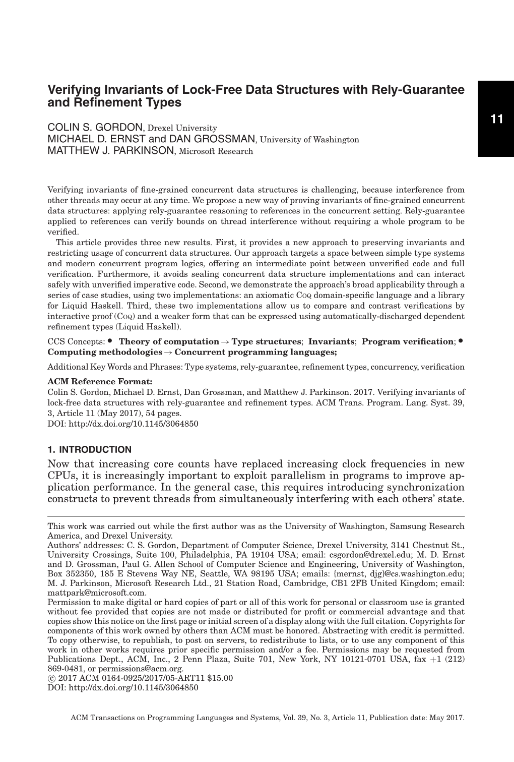 Verifying Invariants of Lock-Free Data Structures with Rely-Guarantee and Reﬁnement Types 11 COLIN S