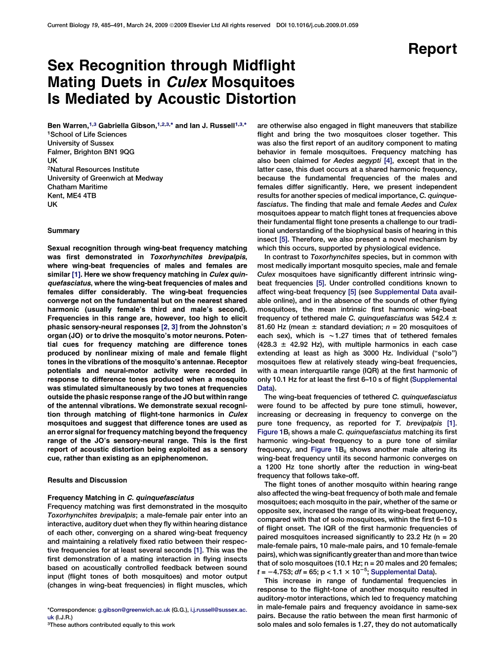 Sex Recognition Through Midflight Mating Duets in Culex Mosquitoes