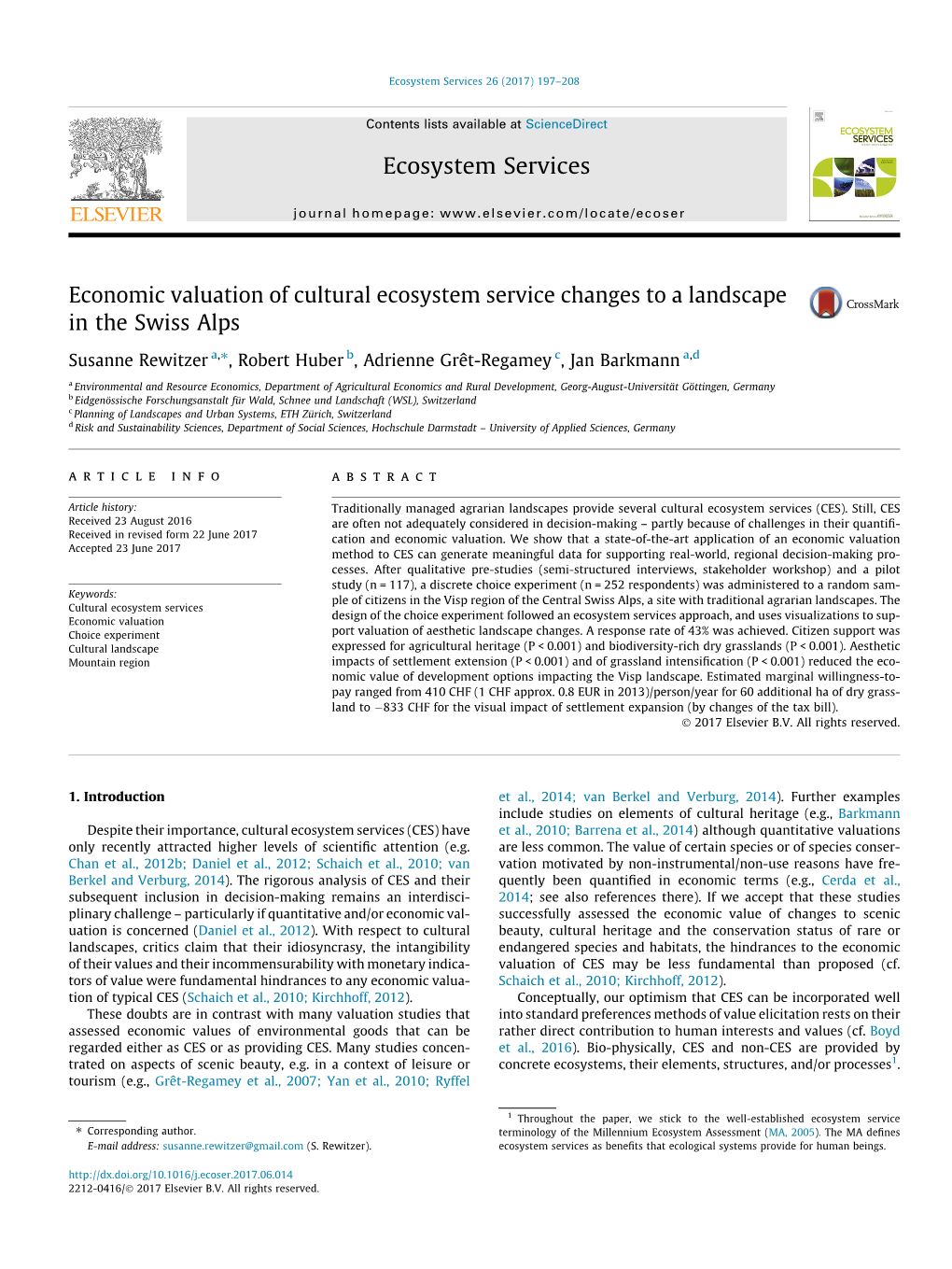 Economic Valuation of Cultural Ecosystem Service Changes to A