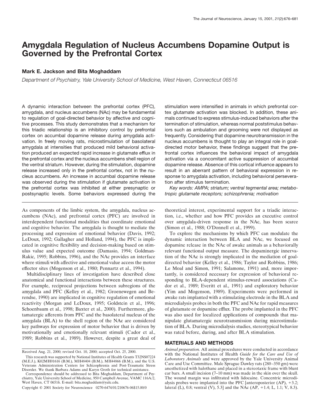 Amygdala Regulation of Nucleus Accumbens Dopamine Output Is Governed by the Prefrontal Cortex