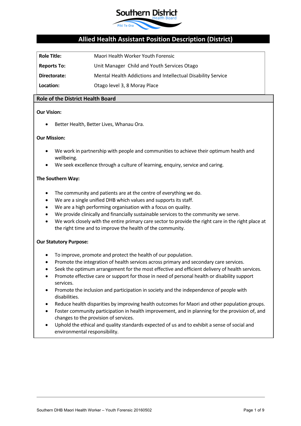 Allied Health Assistant Position Description (District)