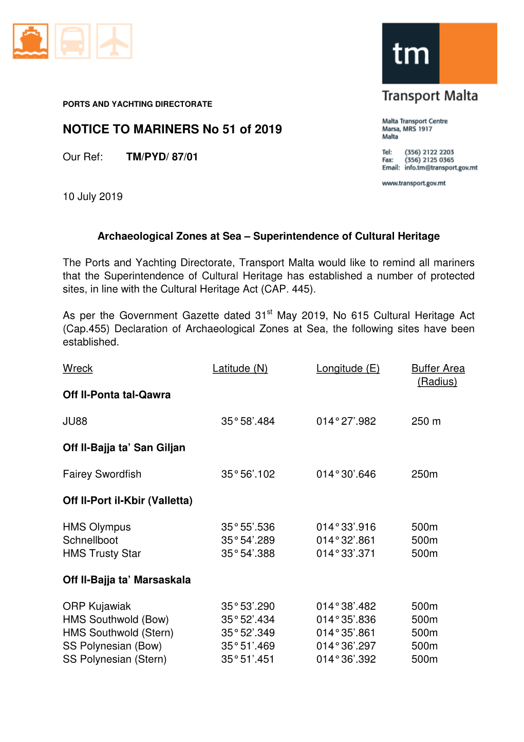 NOTICE to MARINERS No 51 of 2019