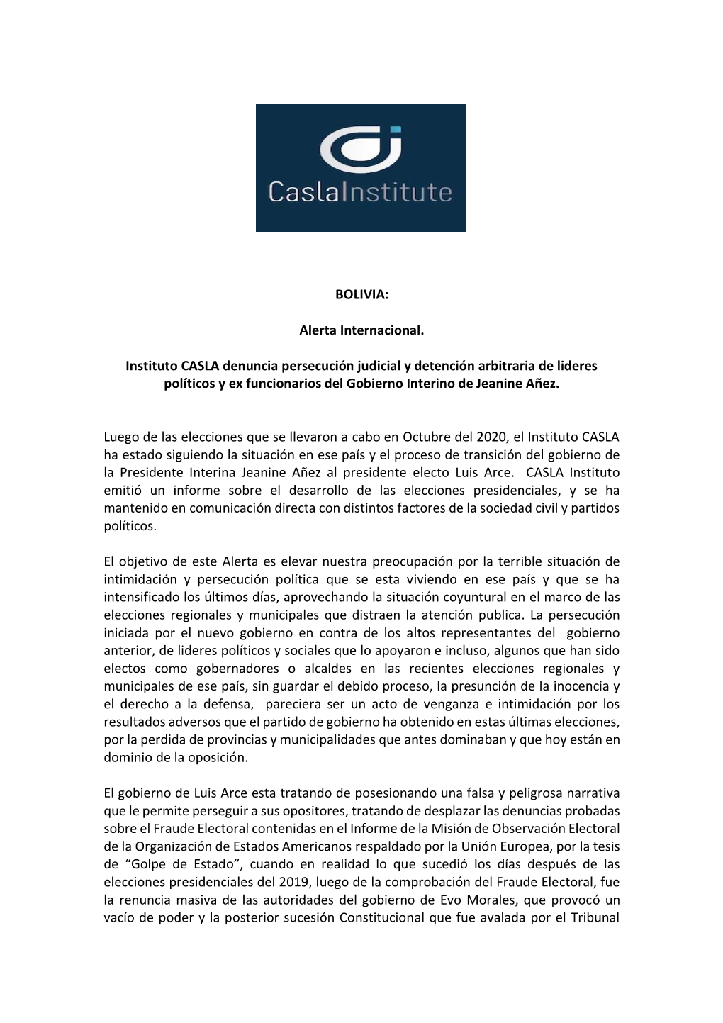 BOLIVIA: Alerta Internacional. Instituto CASLA Denuncia Persecución