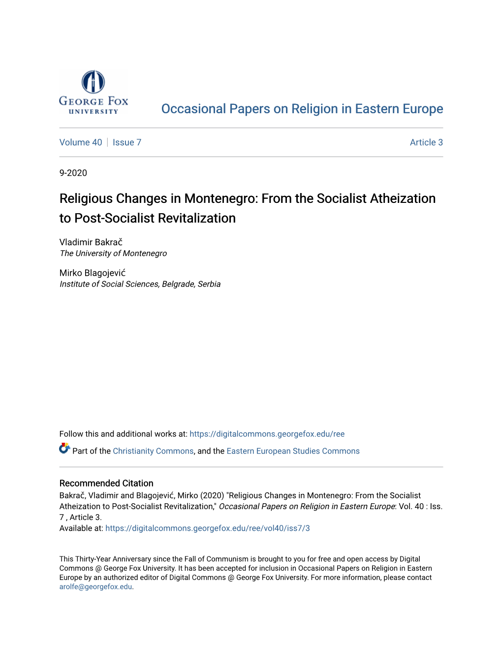 Religious Changes in Montenegro: from the Socialist Atheization to Post-Socialist Revitalization
