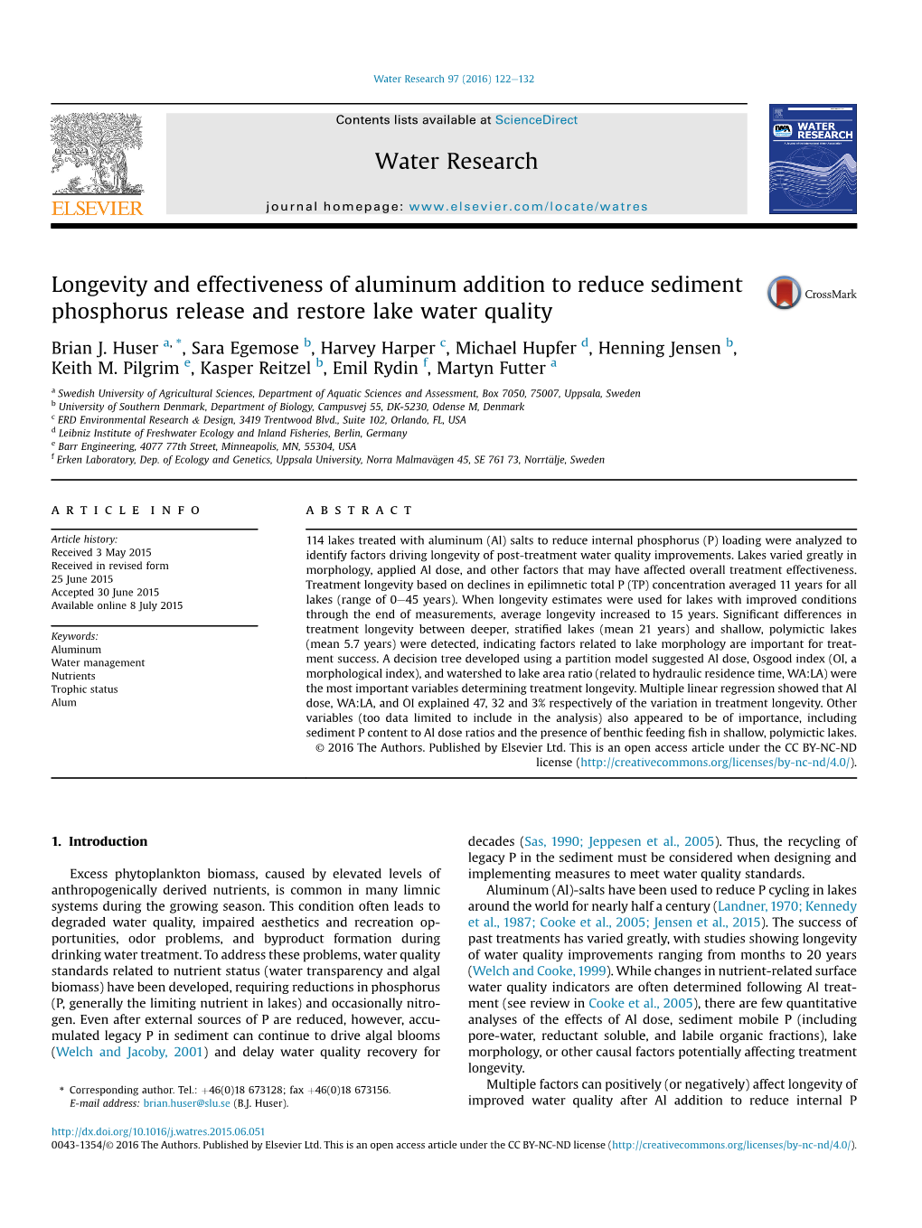 Longevity and Effectiveness of Aluminum Addition to Reduce Sediment Phosphorus Release and Restore Lake Water Quality