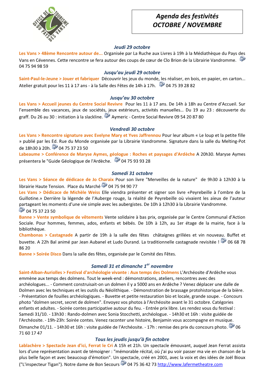 Agenda Des Festivités OCTOBRE / NOVEMBRE