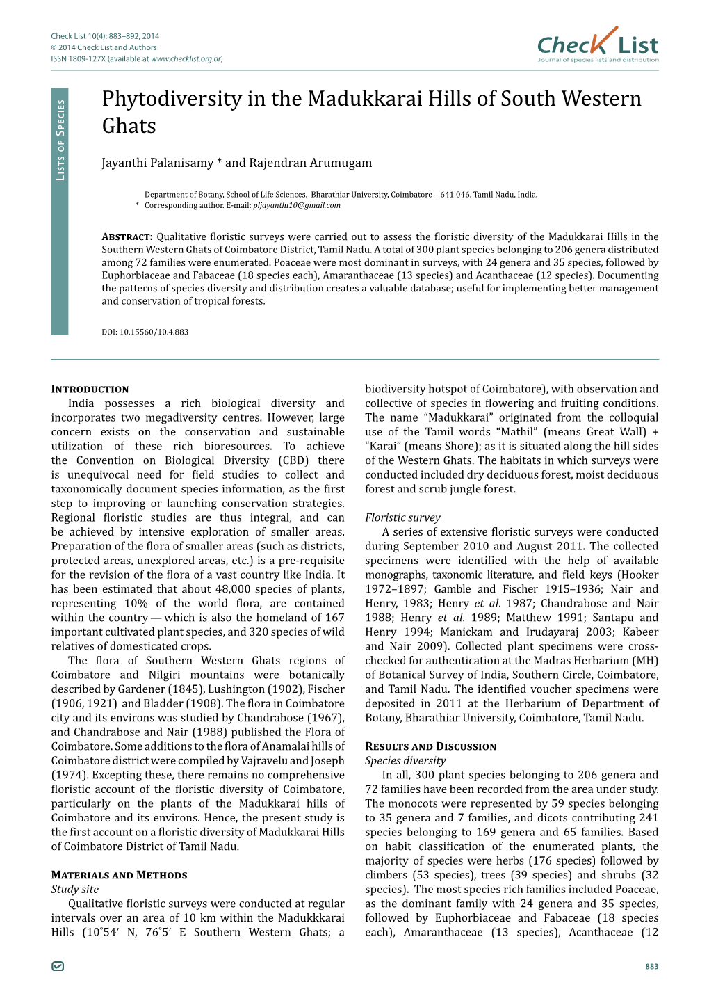 Phytodiversity in the Madukkarai Hills of South Western Ghats