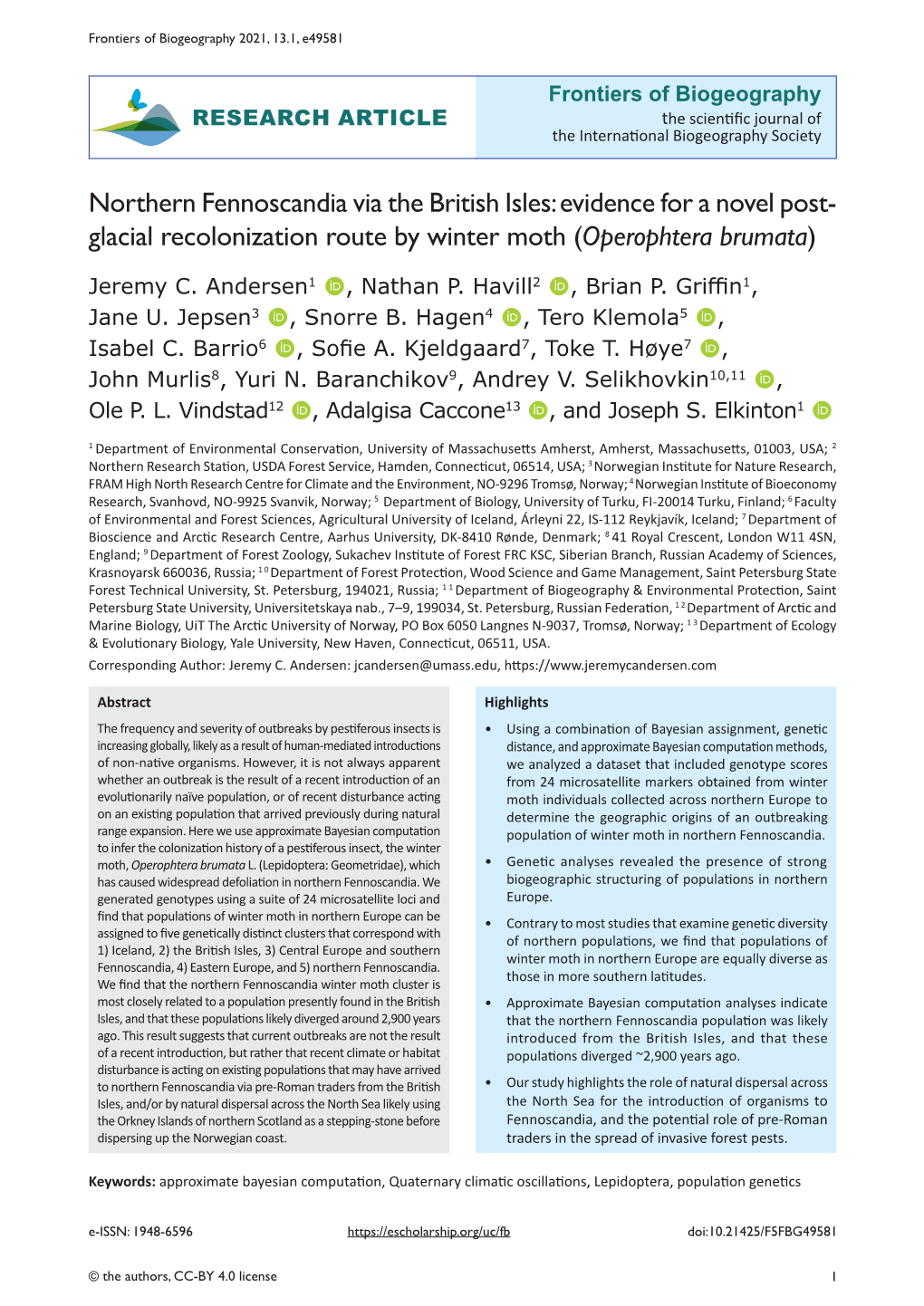 Northern Fennoscandia Via the British Isles: Evidence for a Novel Post- Glacial Recolonization Route by Winter Moth (Operophtera Brumata)