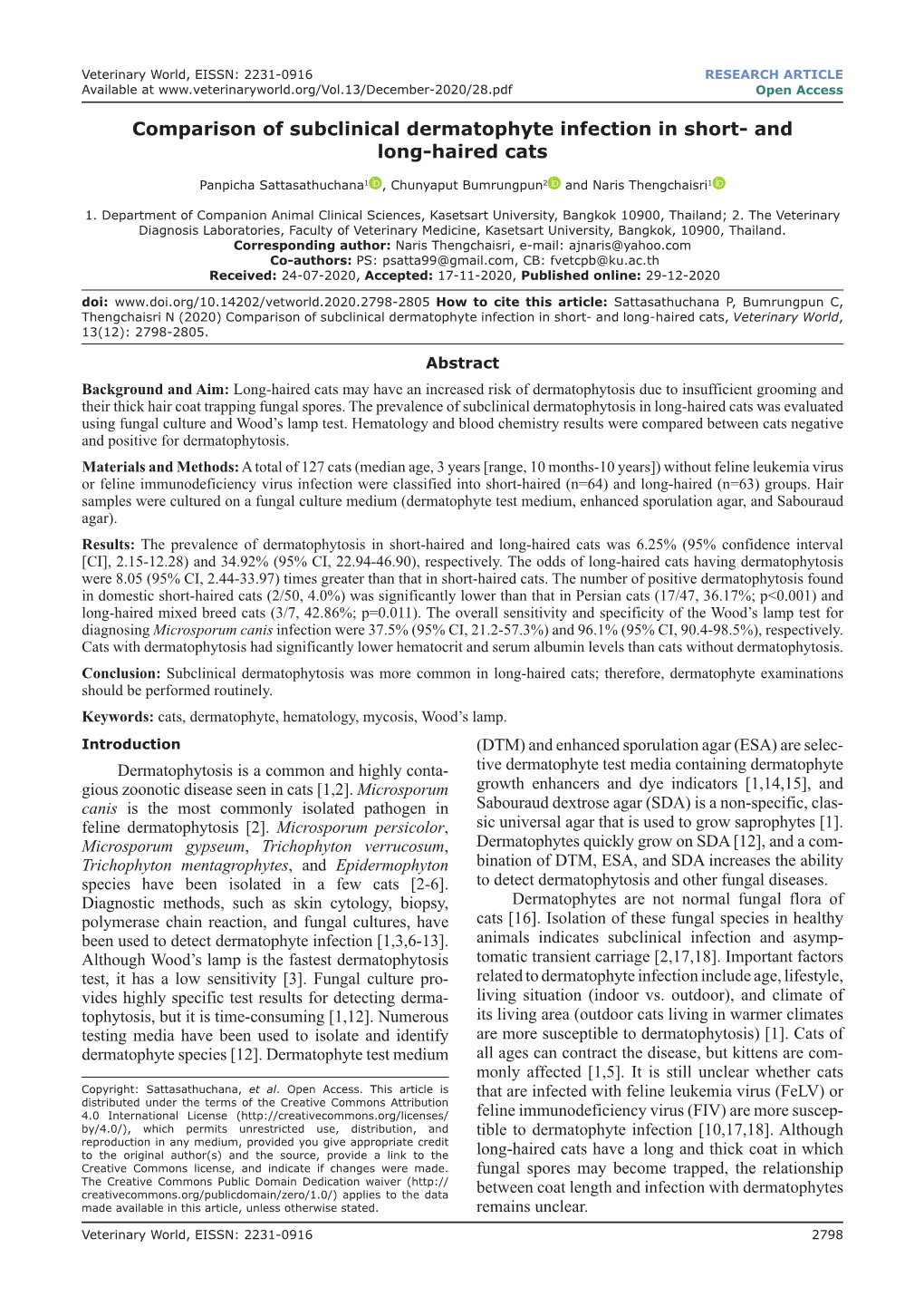 Comparison of Subclinical Dermatophyte Infection in Short- and Long-Haired Cats