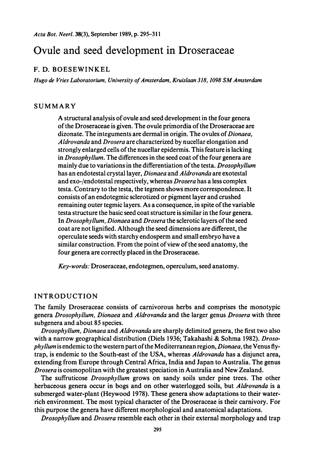 Ovule and Seed Development in Droseraceae