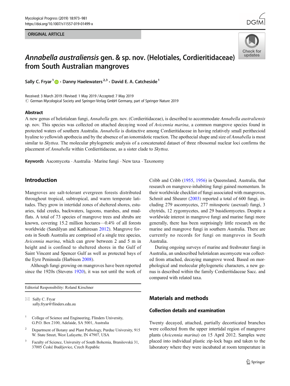 Annabella Australiensis Gen. & Sp. Nov. (Helotiales, Cordieritidaceae) From