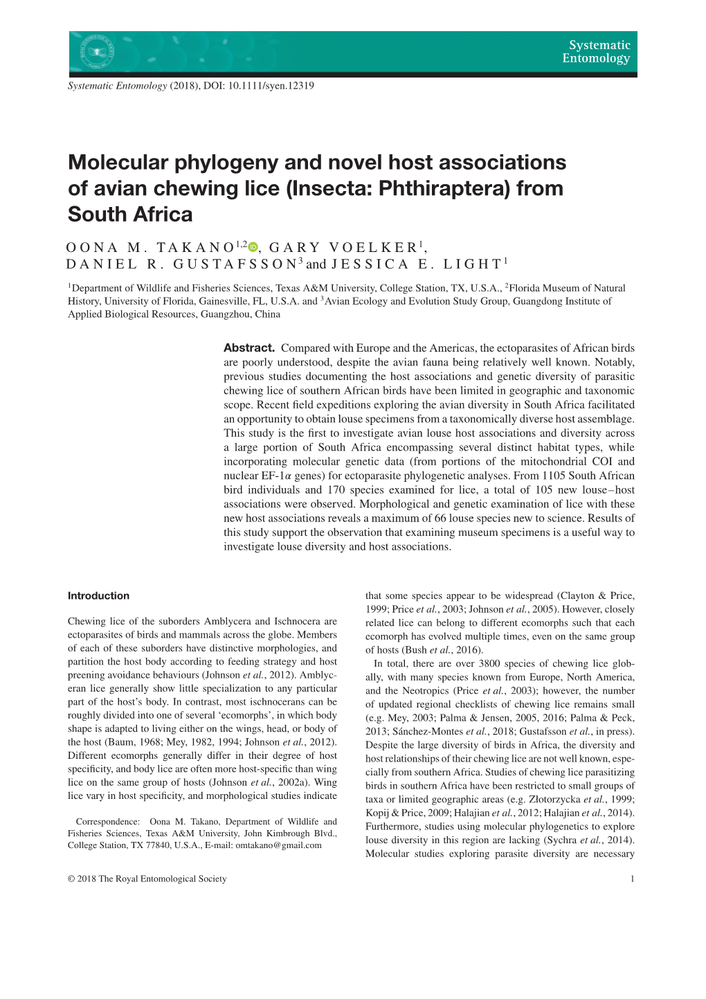 Molecular Phylogeny and Novel Host Associations of Avian Chewing Lice (Insecta: Phthiraptera) from South Africa