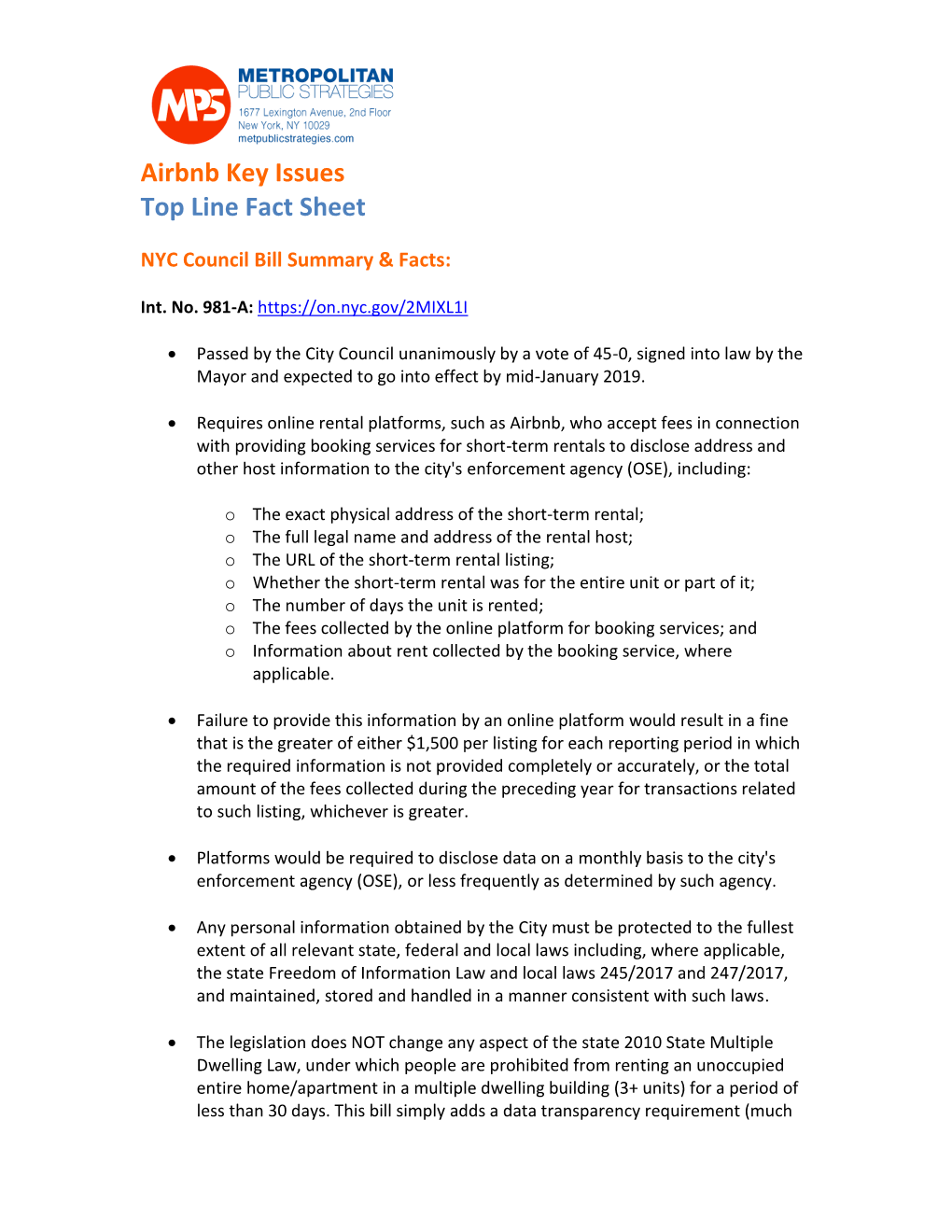 Airbnb Key Issues Top Line Fact Sheet