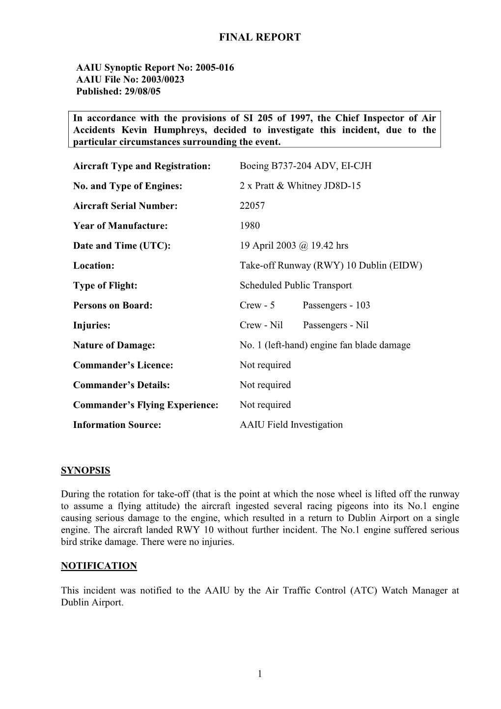 Draft Report on Bae 146, EI-CL1