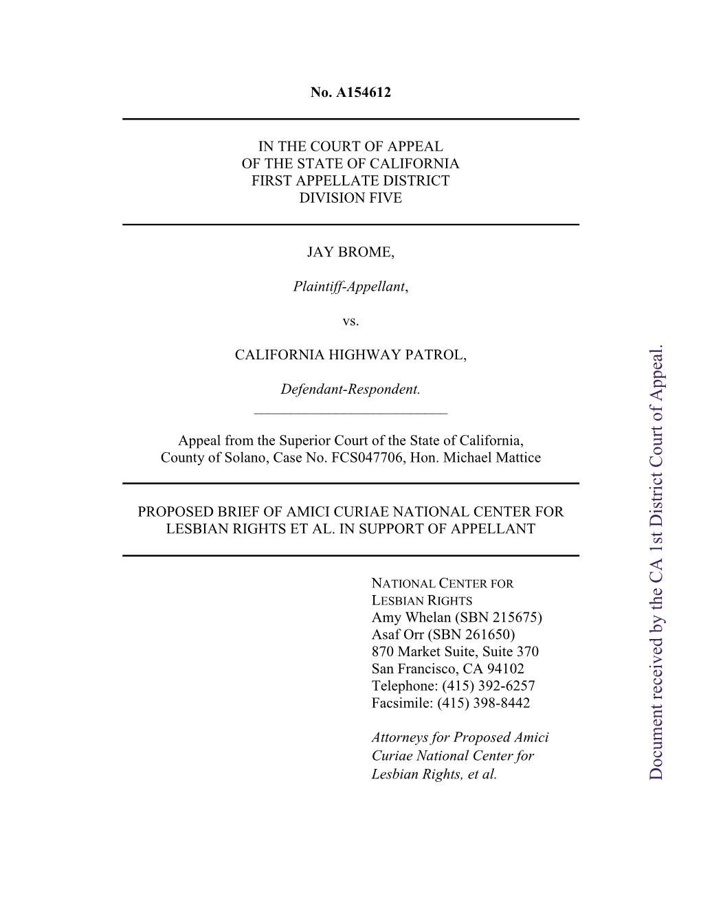 Document Received by the CA 1St District Court of Appeal. TABLE of CONTENTS