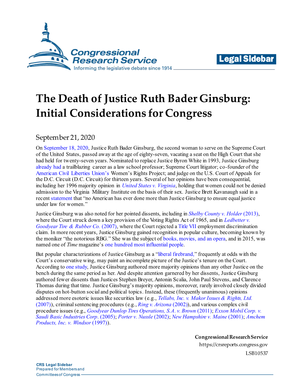 The Death of Justice Ruth Bader Ginsburg: Initial Considerations for Congress