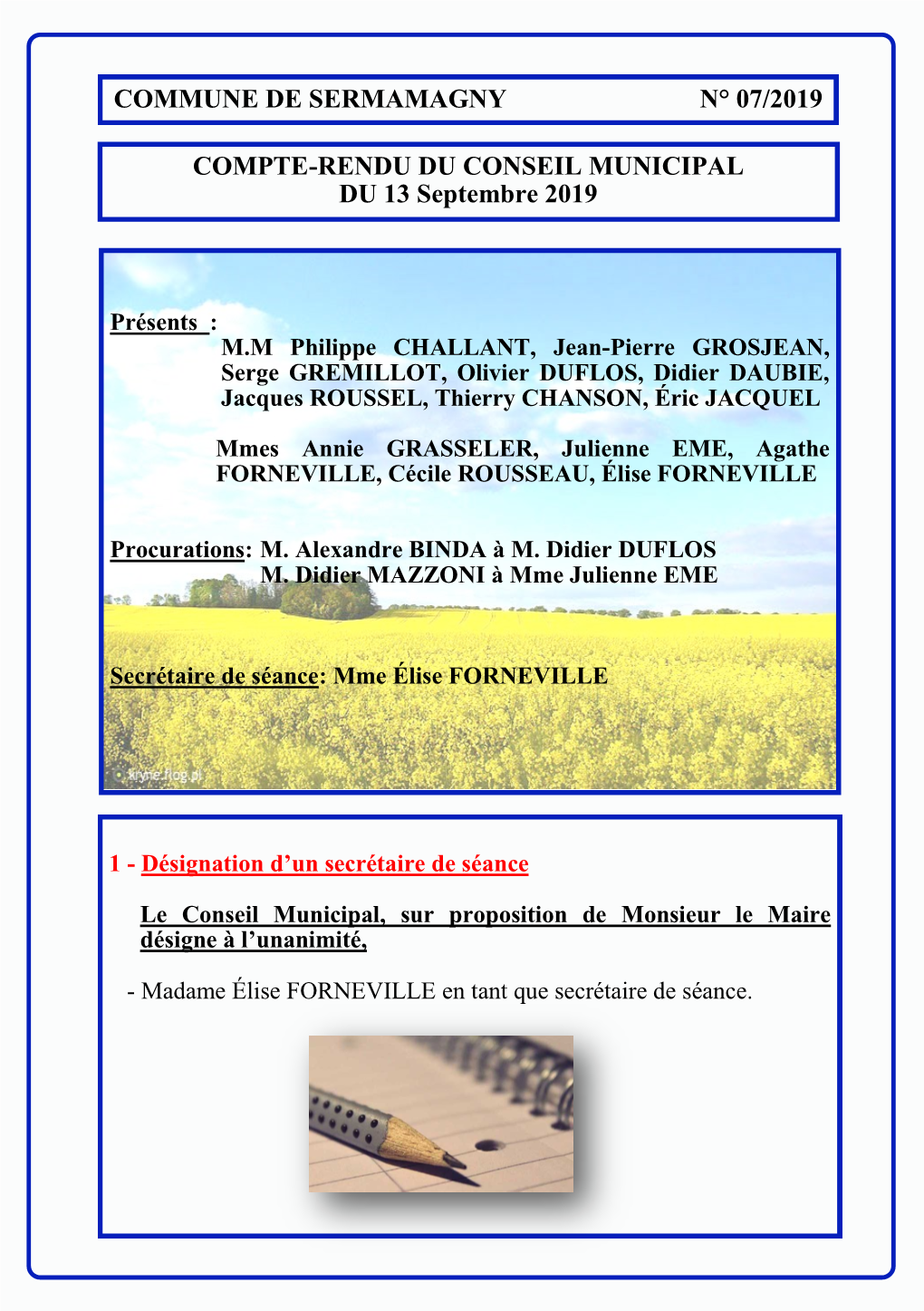 Commune De Sermamagny N° 07/2019 Compte-Rendu Du