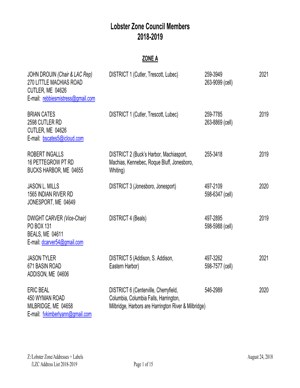 Lobster Zone Council Members 2018-2019