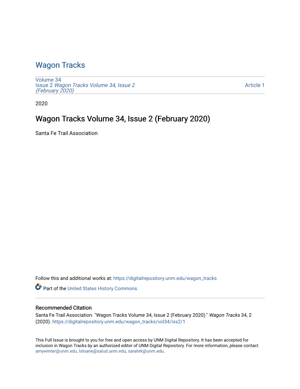 Wagon Tracks Volume 34, Issue 2 Article 1 (February 2020)
