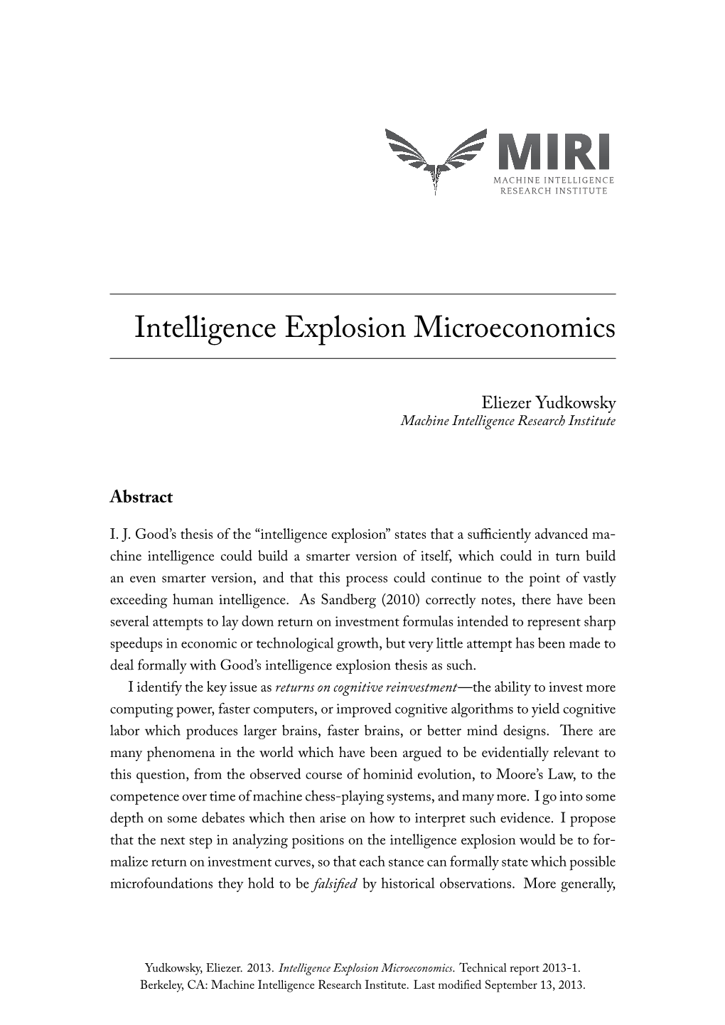 Intelligence Explosion Microeconomics