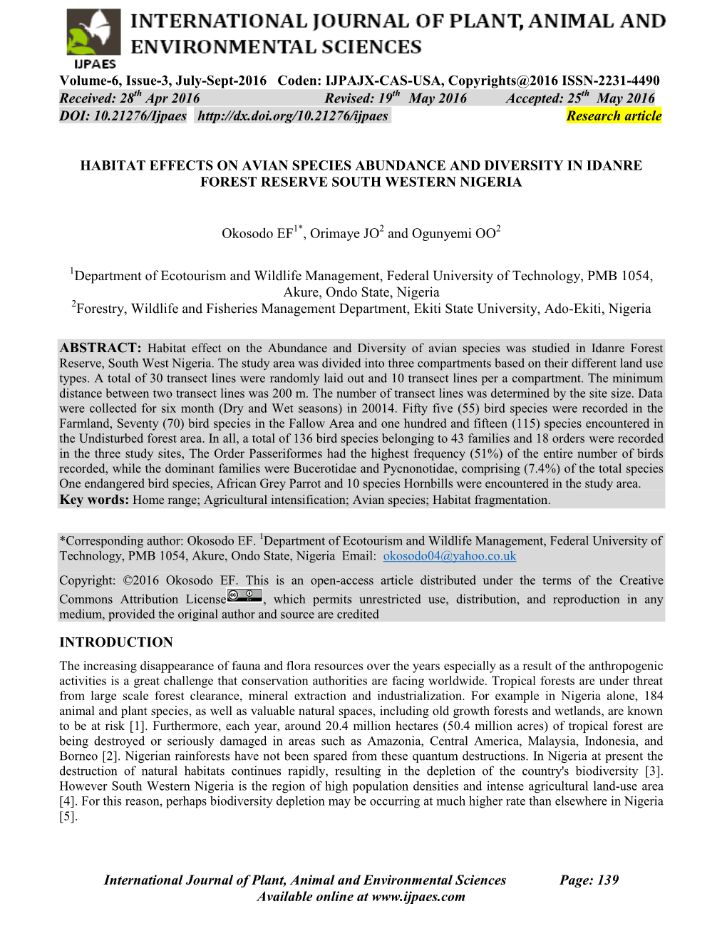 Habitat Effects on Avian Species Abundance and Diversity in Idanre Forest Reserve South Western Nigeria