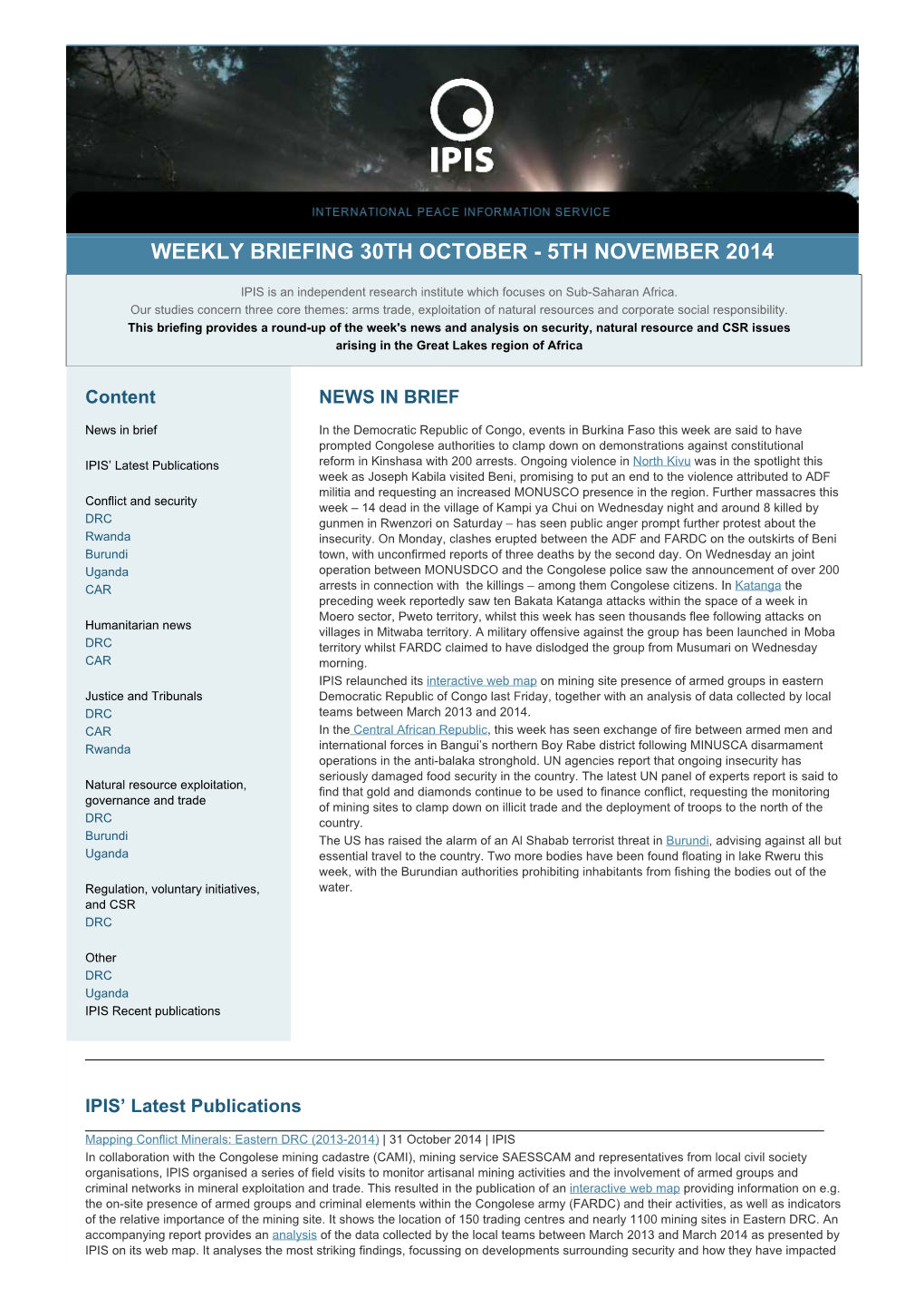 Weekly Briefing 30Th October - 5Th November 2014