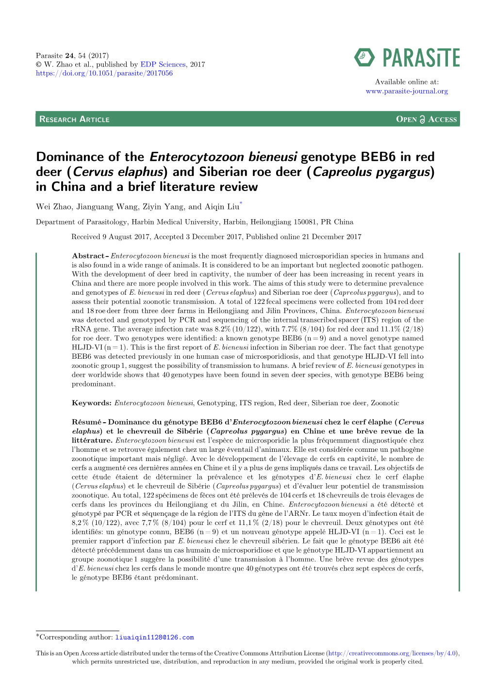 (Cervus Elaphus) and Siberian Roe Deer (Capreolus Pygargus) in China and a Brief Literature Review