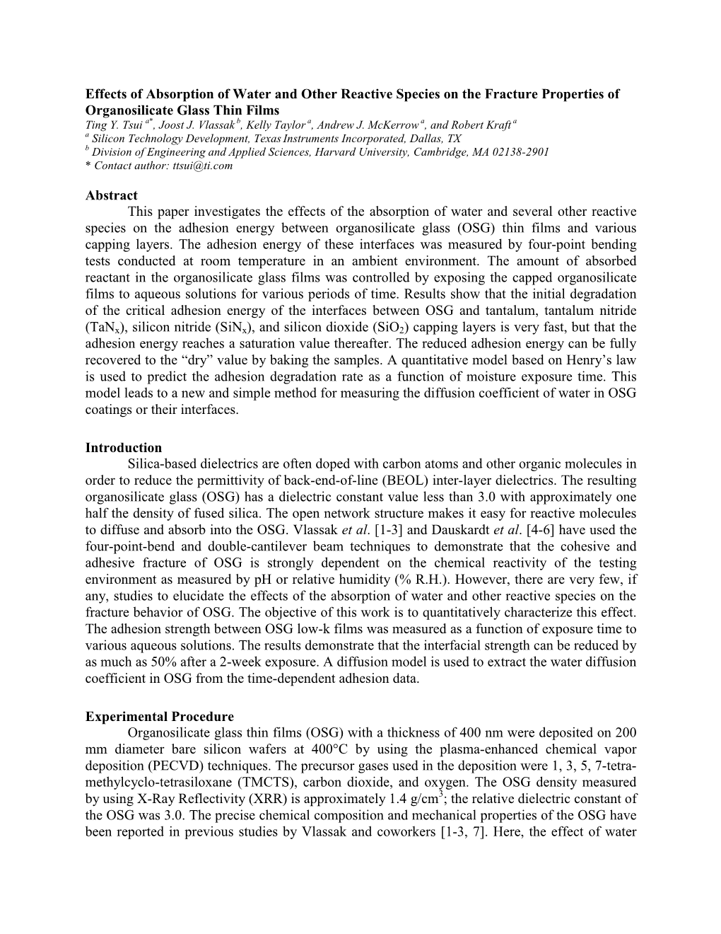 Effects of Absorption of Water and Other Reactive Species on the Fracture Properties of Organosilicate Glass Thin Films Ting Y