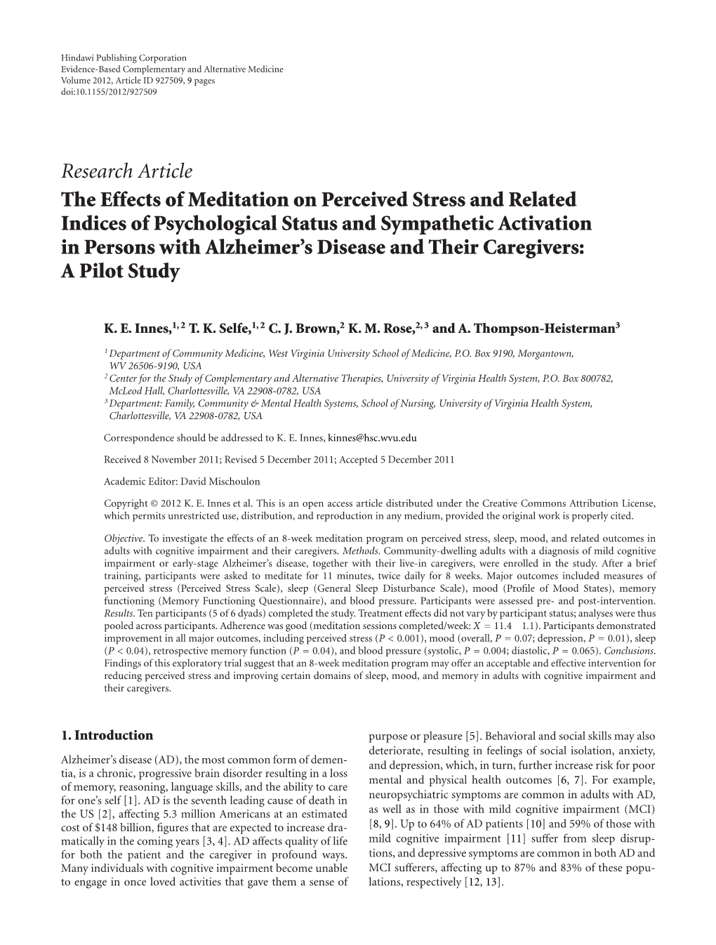 The Effects of Meditation on Perceived Stress and Related Indices Of