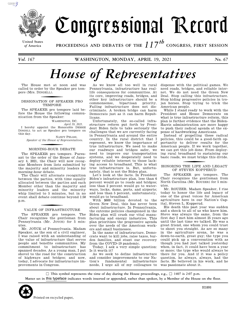 Congressional Record United States Th of America PROCEEDINGS and DEBATES of the 117 CONGRESS, FIRST SESSION