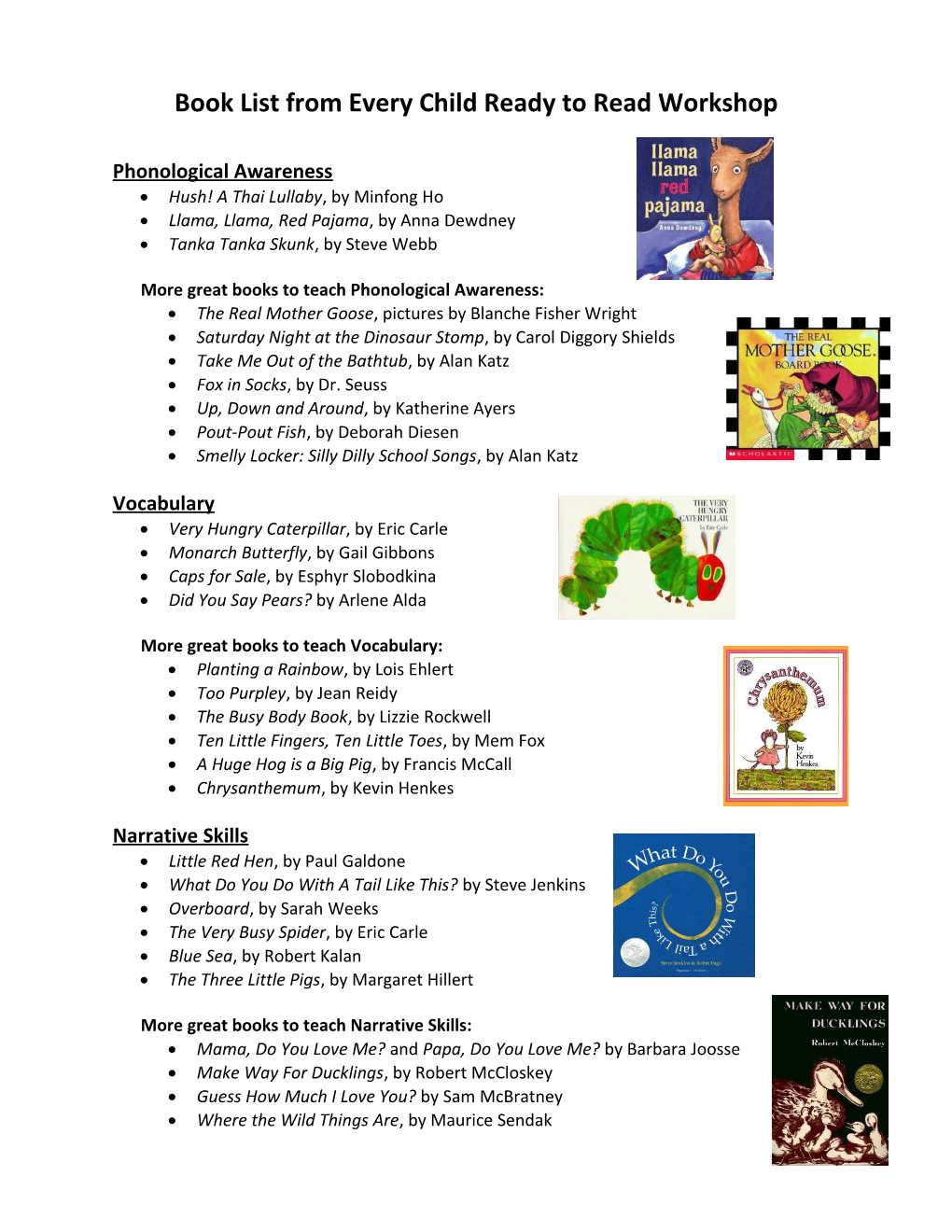 Book List from Every Child Ready to Read Workshop