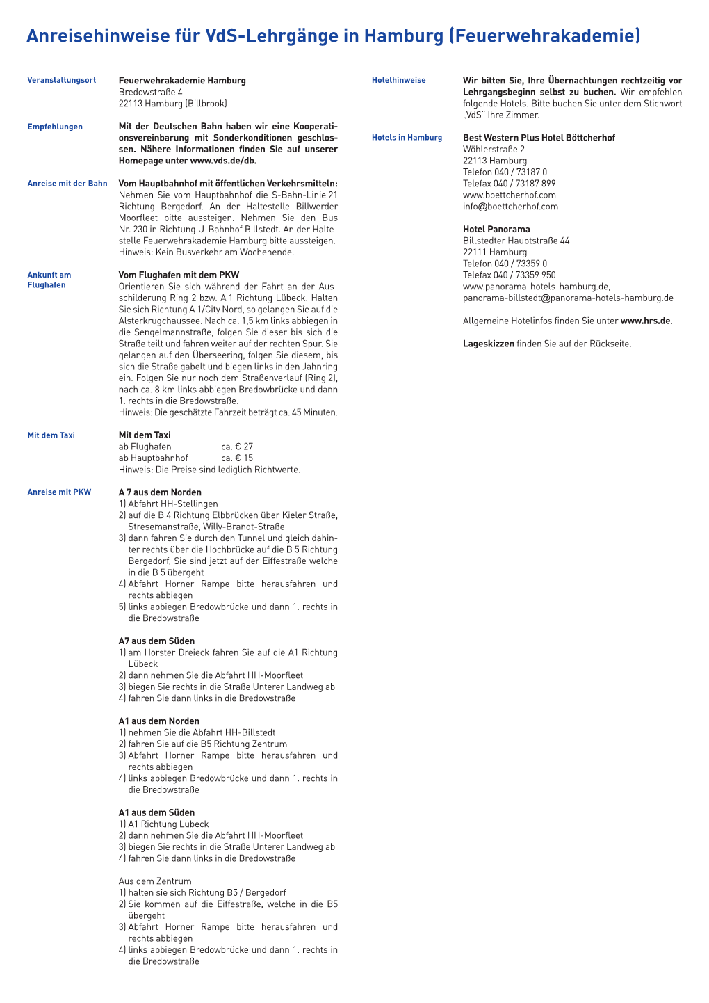 Anreisehinweise Für Vds-Lehrgänge in Hamburg (Feuerwehrakademie)