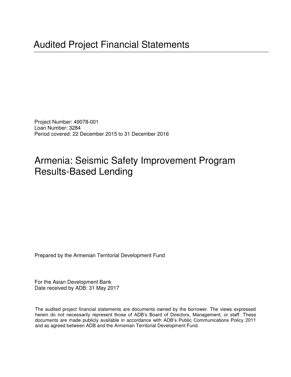 Audited Project Financial Statements Armenia