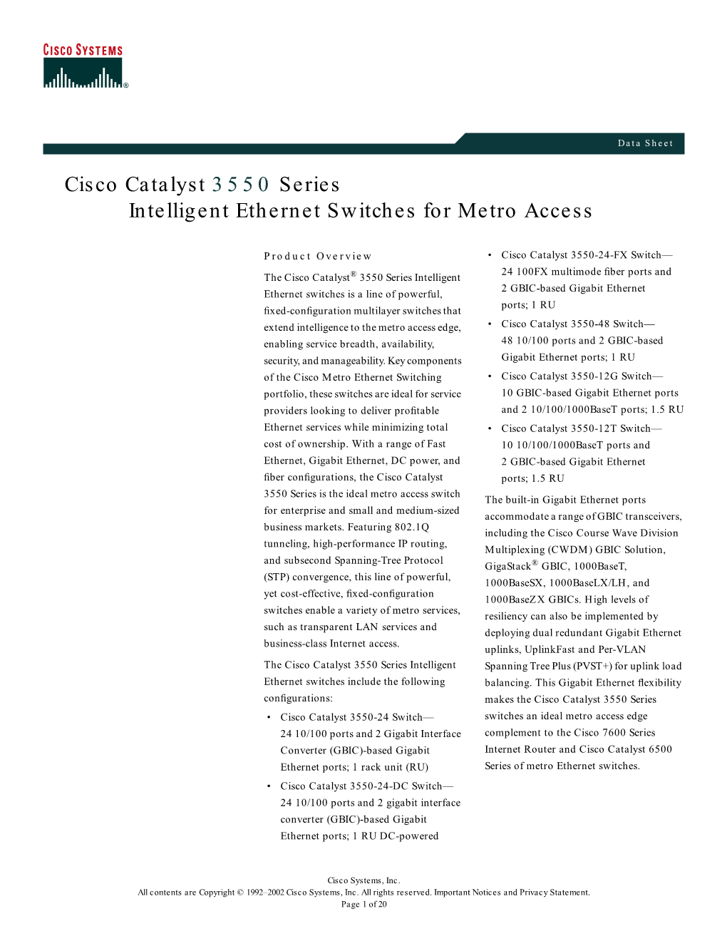 Cisco Catalyst 3550 Series Intelligent Ethernet Switches for Metro Access