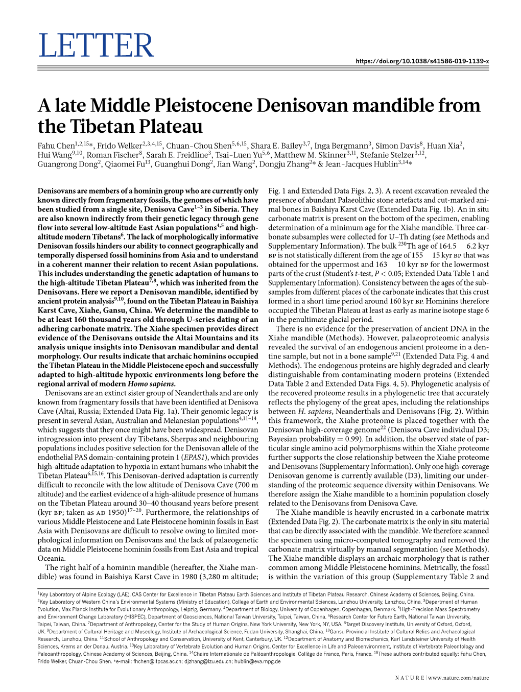 A Late Middle Pleistocene Denisovan Mandible from the Tibetan Plateau Fahu Chen1,2,15*, Frido Welker2,3,4,15, Chuan-Chou Shen5,6,15, Shara E