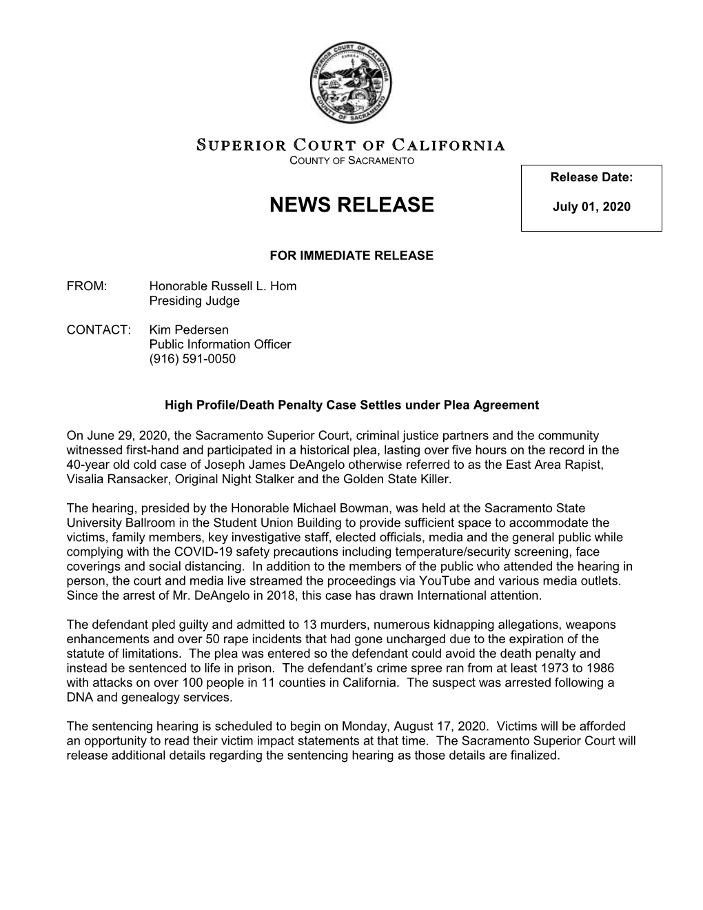 NEWS RELEASE July 01, 2020