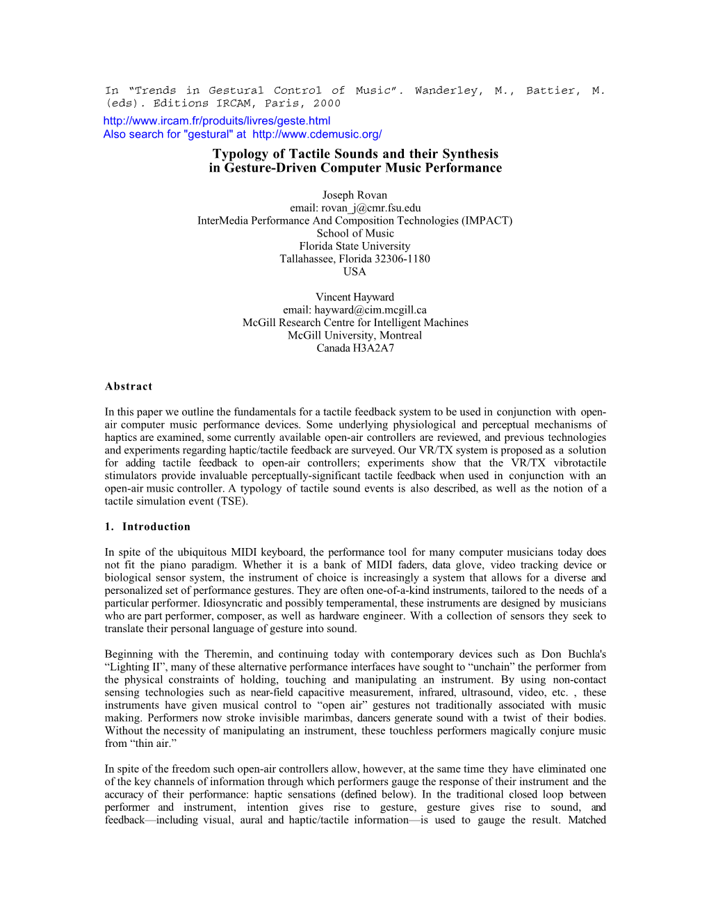 Typology of Tactile Sounds and Their Synthesis in Gesture-Driven Computer Music Performance