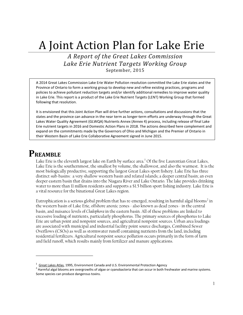 A Joint Action Plan for Lake Erie a Report of the Great Lakes Commission Lake Erie Nutrient Targets Working Group September, 2015