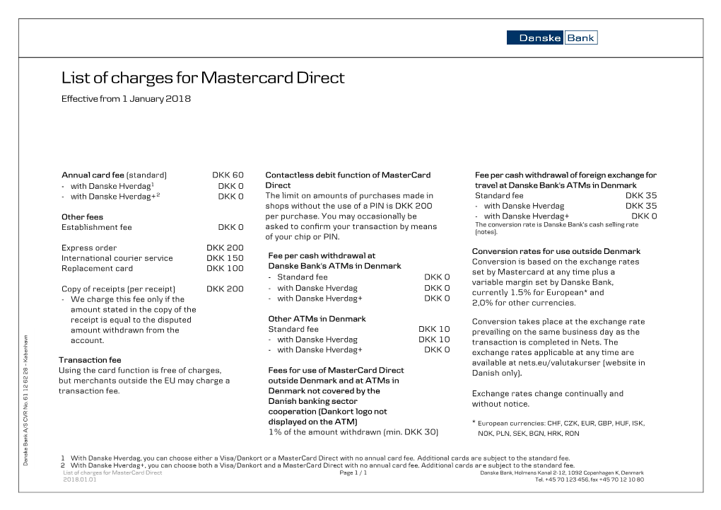 List of Charges for Mastercard Direct Effective from 1 January 2018