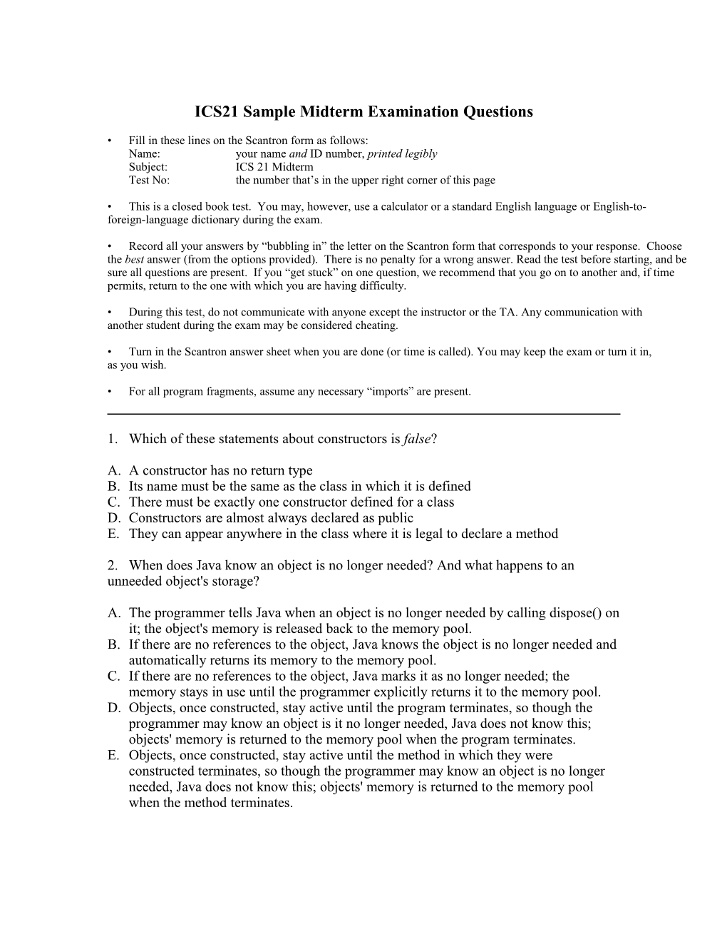 ICS21 Sample Midterm Examination Questions