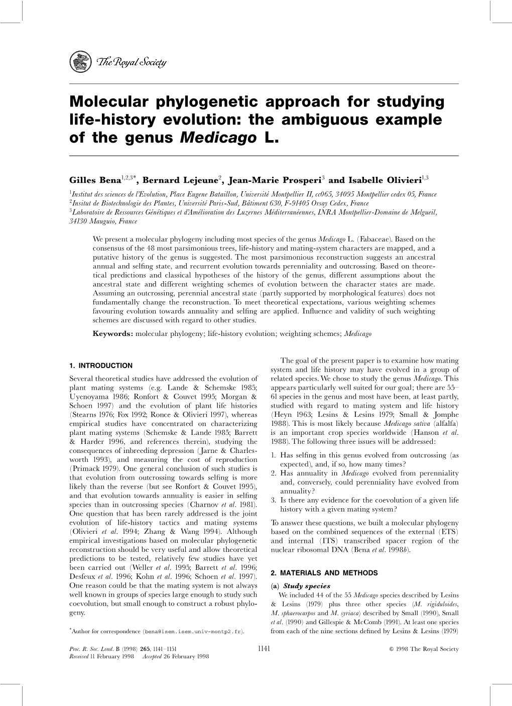 Molecular Phylogenetic Approach for Studying Life-History Evolution: the Ambiguous Example of the Genus Medicago L