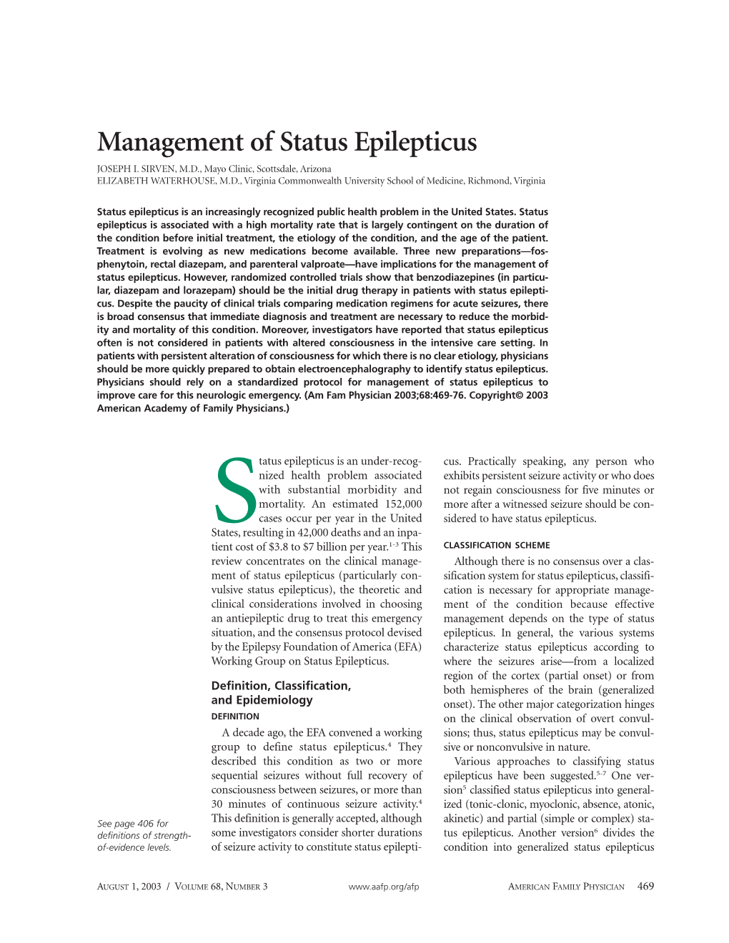 Management of Status Epilepticus JOSEPH I