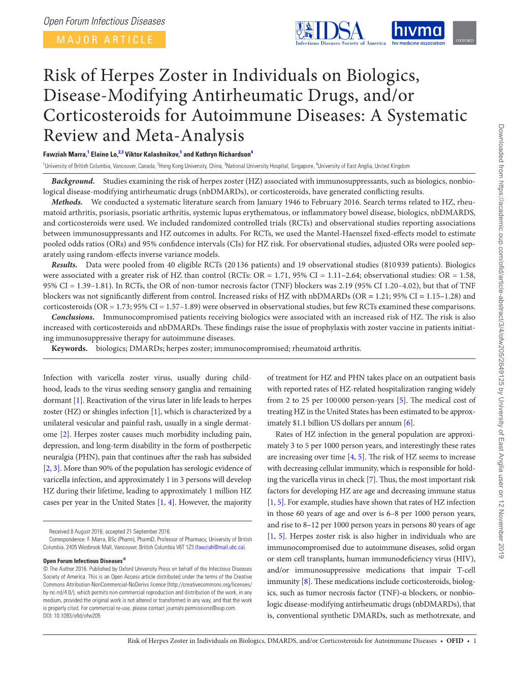 Risk of Herpes Zoster in Individuals on Biologics, Disease-Modifying Antirheumatic Drugs, And/Or Corticosteroids for Autoimmune