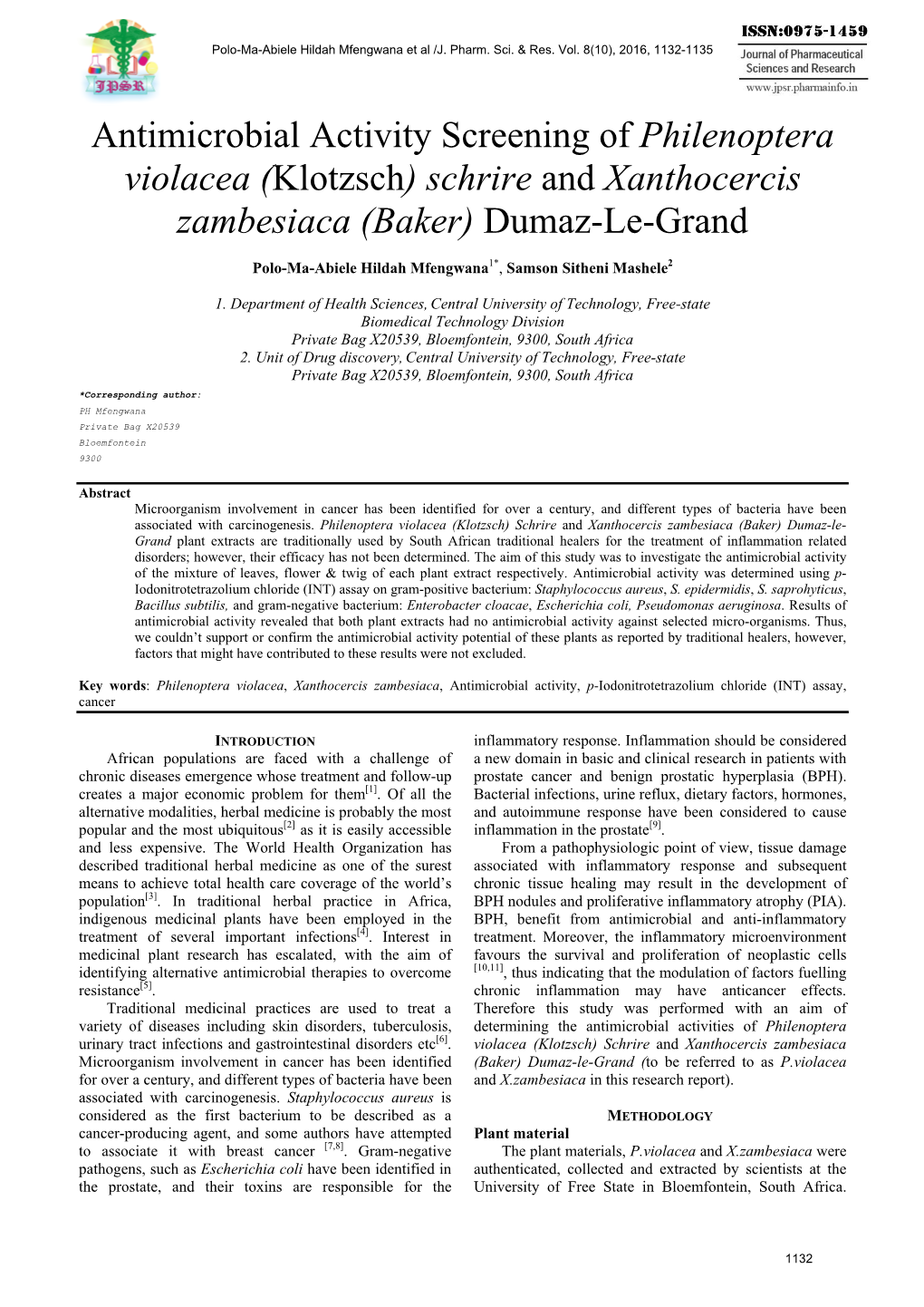 Antimicrobial Activity Screening of Philenoptera Violacea (Klotzsch) Schrire and Xanthocercis Zambesiaca (Baker) Dumaz-Le-Grand