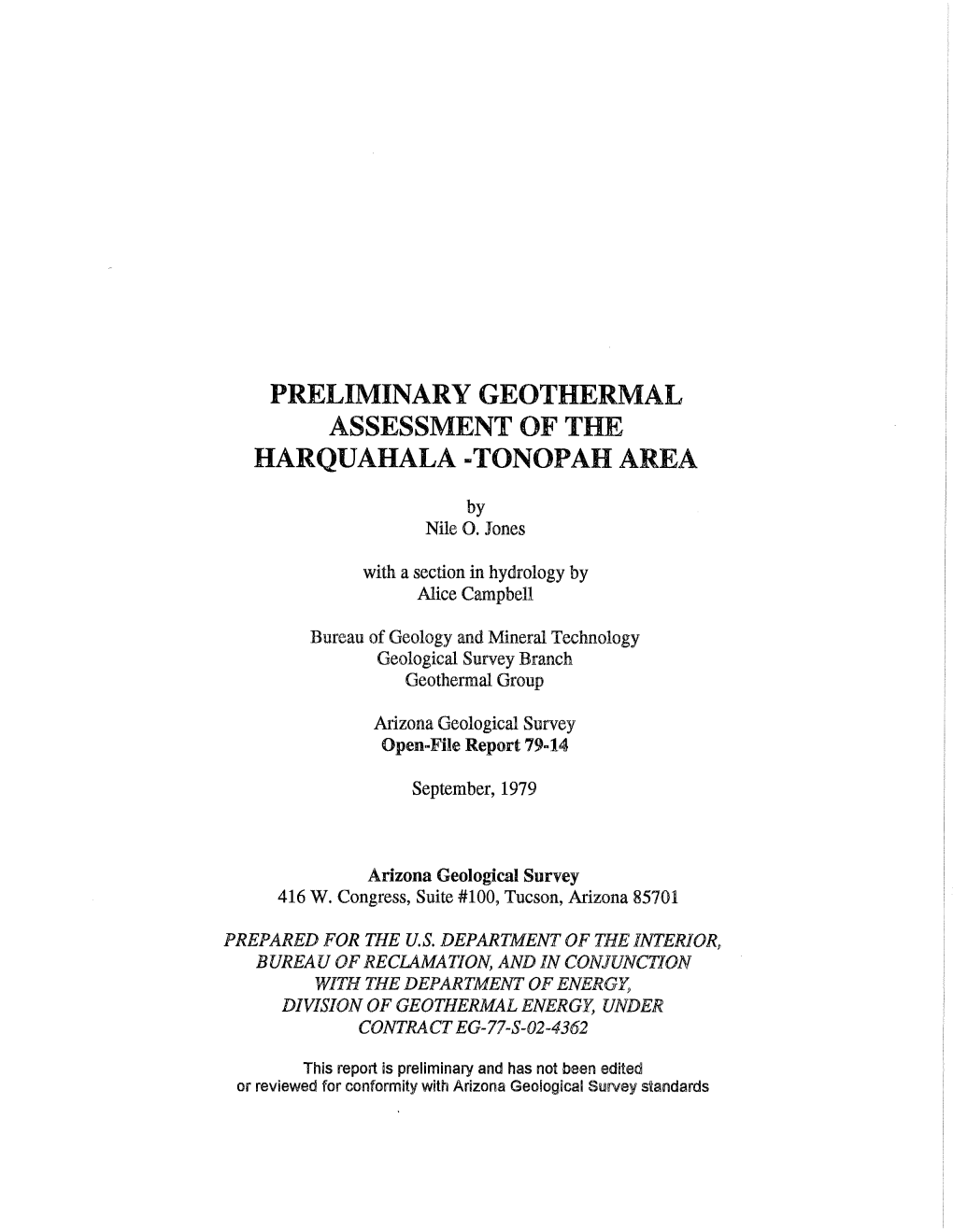 Preliminary Geothermal Assessment of the Harquahala ..Tonopah Area